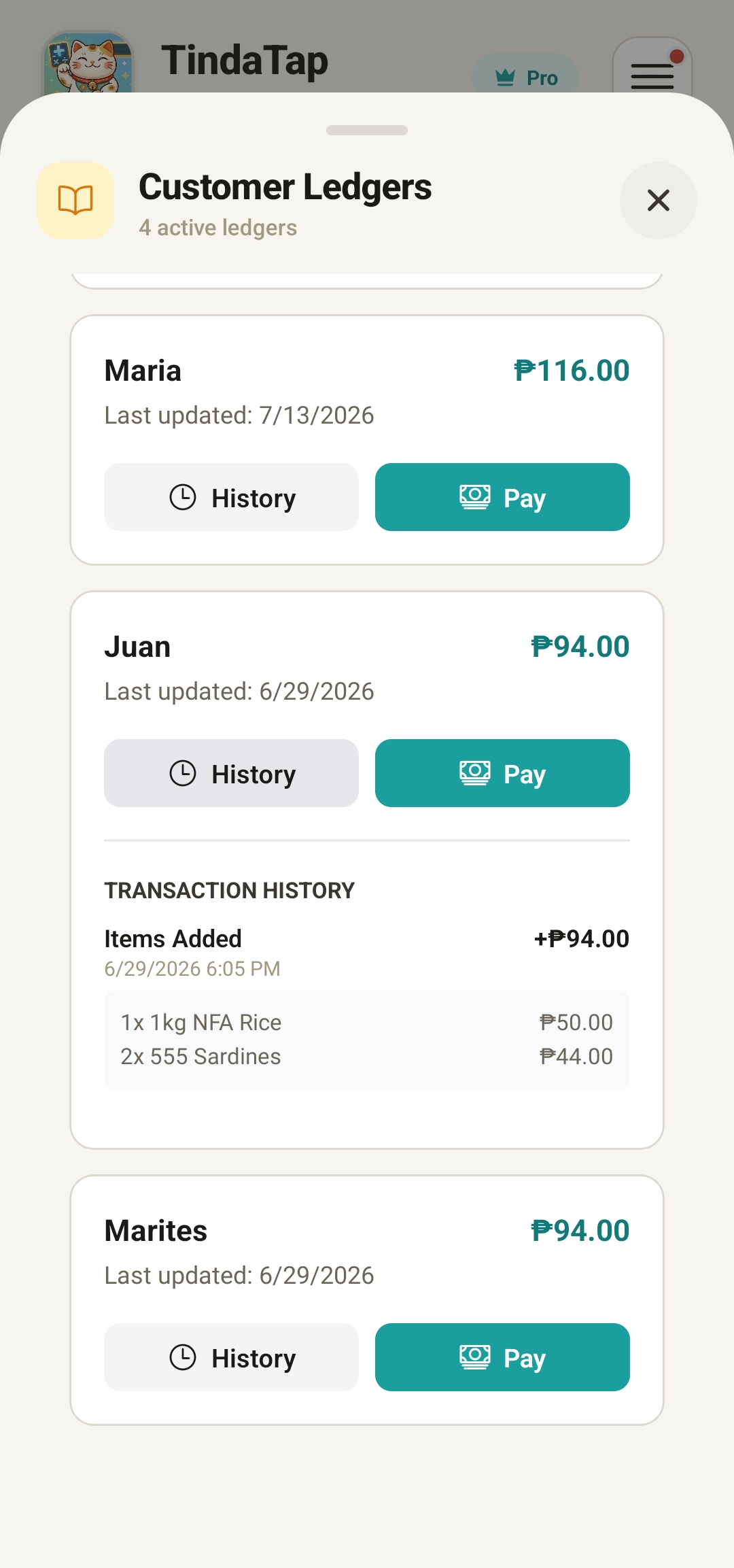 Customer utang ledger showing who owes money