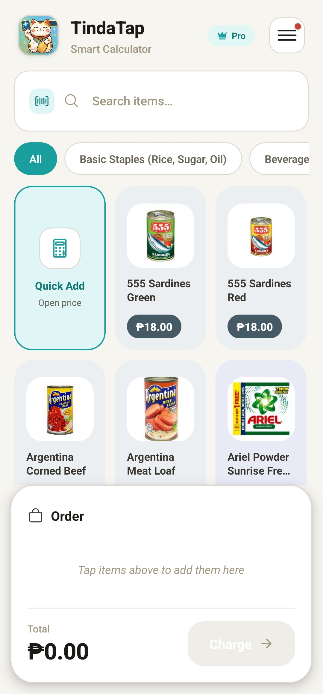 TindaTap home catalog with product cards and running total