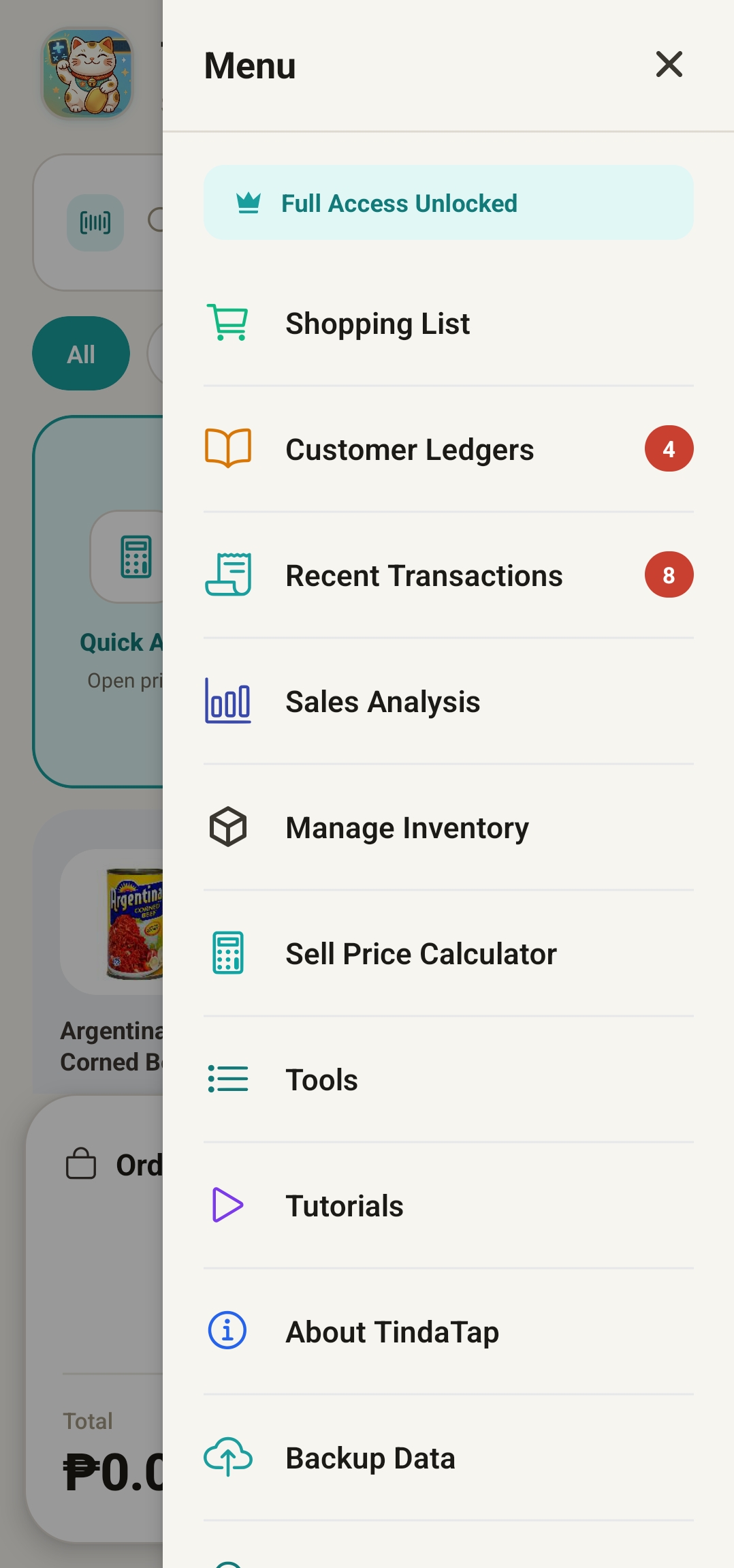 App menu listing every TindaTap feature