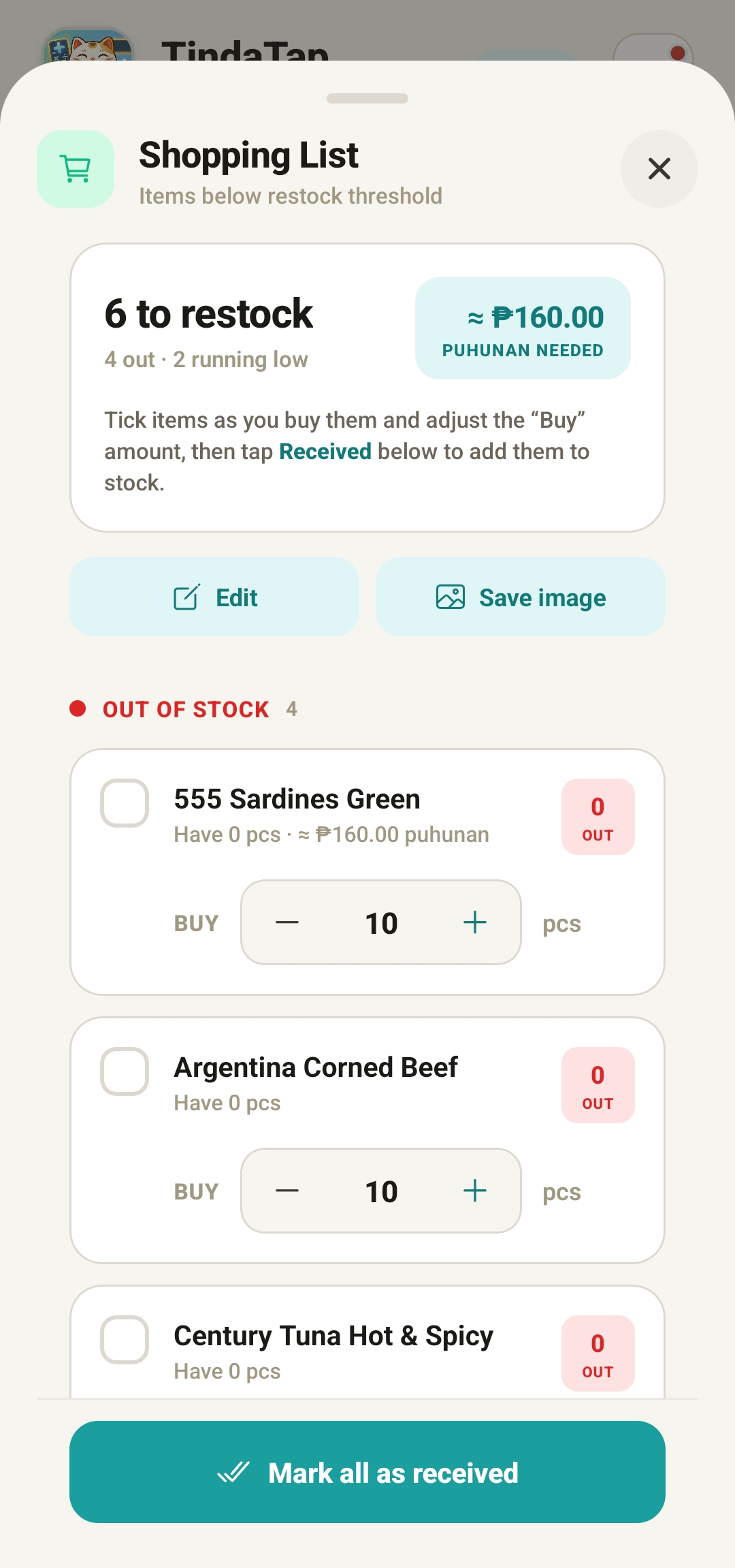 TindaTap restock shopping list with suggested quantities